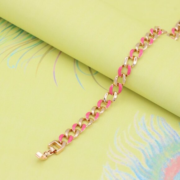 "Rose Gold Pink Enamel Chain Link Bracelet, Bold and Trendy Design, XPBL0757 - Picture 5 of 12